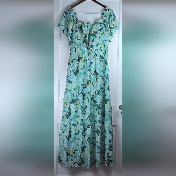 Rabbit Rabbit Rabbit Aqua Tropical Floral Ruffled Maxi Dress Size 16 - Picture 1 of 10